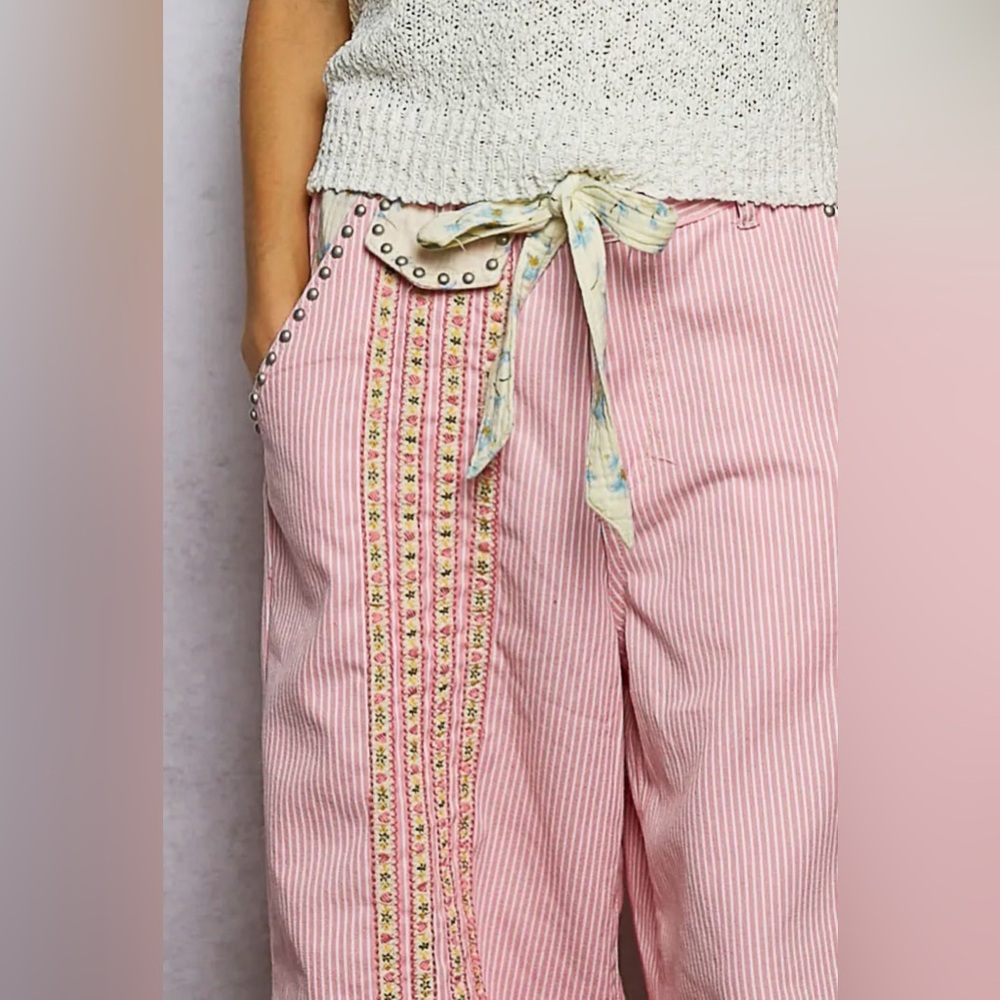 NEW Pol Double Gauze Lace Floral Trim Buckle Back Pants Drawstring Pink Stripe - Picture 11 of 12